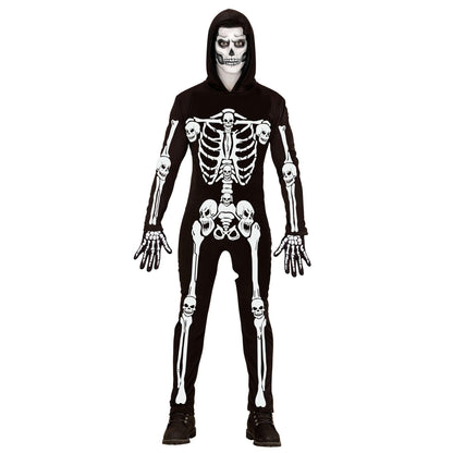 Widmann - Skeleton Costume Jumpsuit with Hood White Glow Under UV Light Halloween Fancy Dress