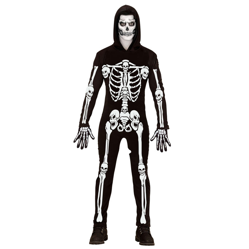 Widmann - Skeleton Costume Jumpsuit with Hood White Glow Under UV Light Halloween Fancy Dress