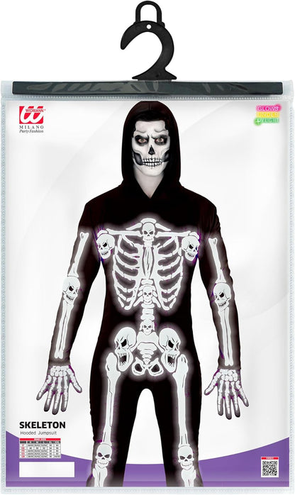 Widmann - Skeleton Costume Jumpsuit with Hood White Glow Under UV Light Halloween Fancy Dress