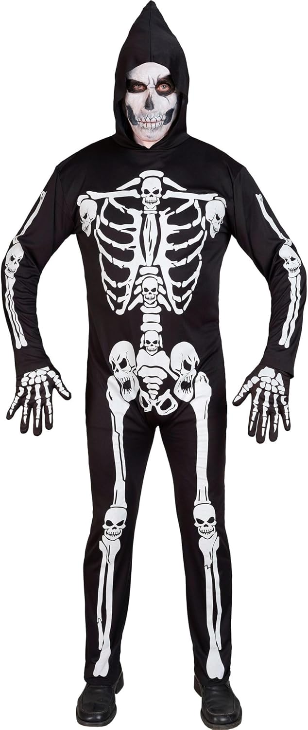 Widmann - Skeleton Costume Jumpsuit with Hood White Glow Under UV Light Halloween Fancy Dress