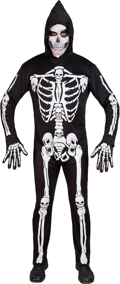 Widmann - Skeleton Costume Jumpsuit with Hood White Glow Under UV Light Halloween Fancy Dress