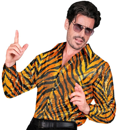 Widmann Party Fashion Shirt (Animalier Tiger Sequin Shirt) (S/M) Orange