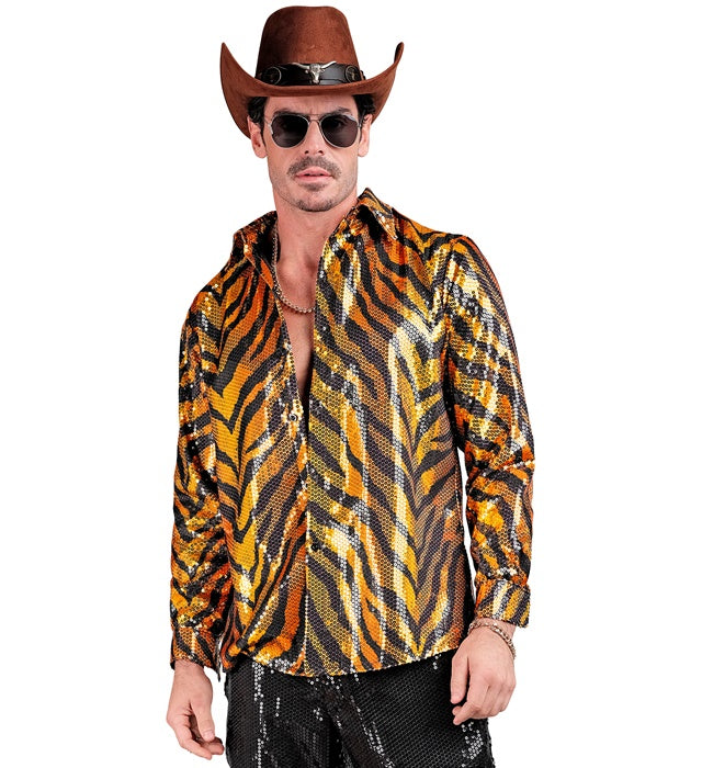 Widmann Party Fashion Shirt (Animalier Tiger Sequin Shirt) (S/M) Orange