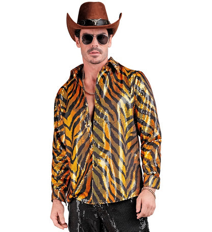 Widmann Party Fashion Shirt (Animalier Tiger Sequin Shirt) (S/M) Orange