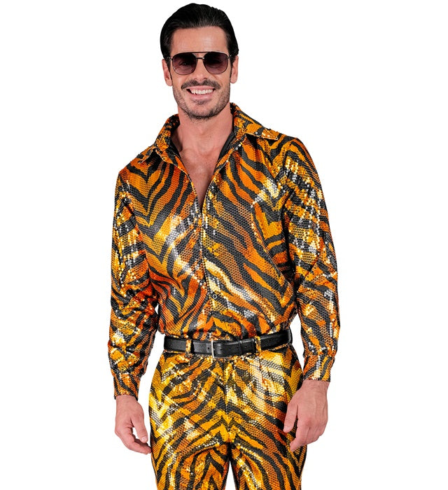Widmann Party Fashion Shirt (Animalier Tiger Sequin Shirt) (S/M) Orange