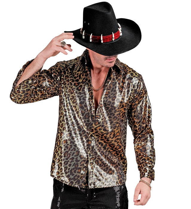 Widmann Party Fashion Shirt (Animalier Leopard Sequin Shirt) (L/XL) Gold