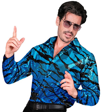 Widmann Party Fashion Shirt (Blue Waves Sequin Shirt) (S/M) Turquoise / Light Blue