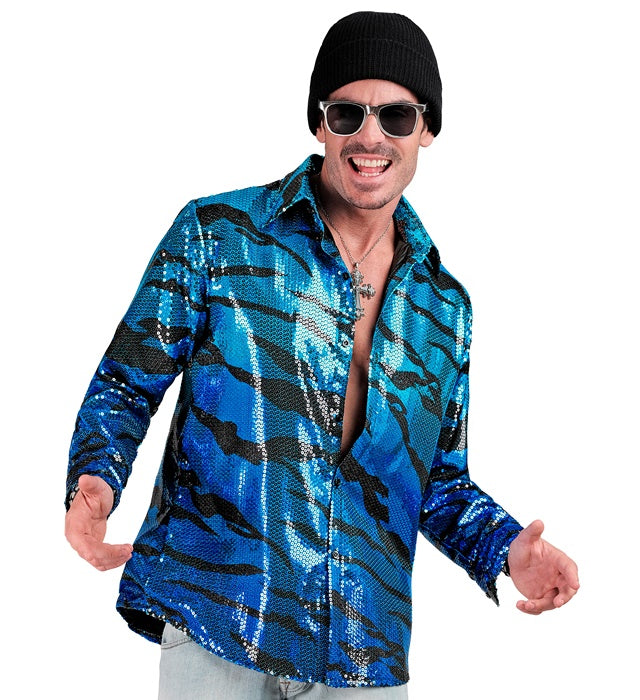 Widmann Party Fashion Shirt (Blue Waves Sequin Shirt) (S/M) Turquoise / Light Blue