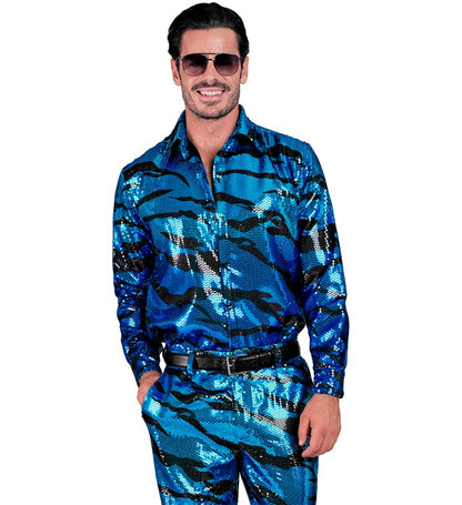 Widmann Party Fashion Shirt (Blue Waves Sequin Shirt) (L/XL) Turquoise / Light Blue