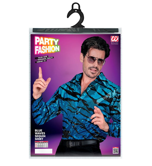 Widmann Party Fashion Shirt (Blue Waves Sequin Shirt) (L/XL) Turquoise / Light Blue