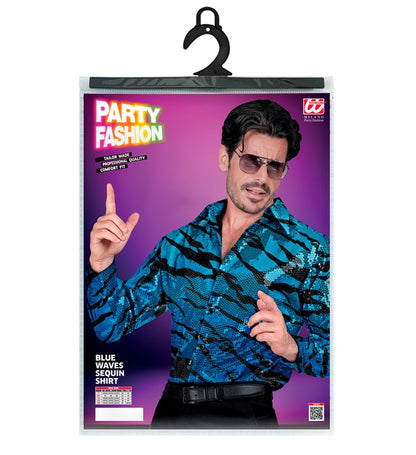 Widmann Party Fashion Shirt (Blue Waves Sequin Shirt) (L/XL) Turquoise / Light Blue