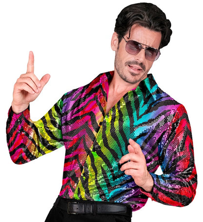 Widmann Party Fashion Shirt (Rainbow Animalier Tiger Sequin Shirt) (S/M) Rainbow