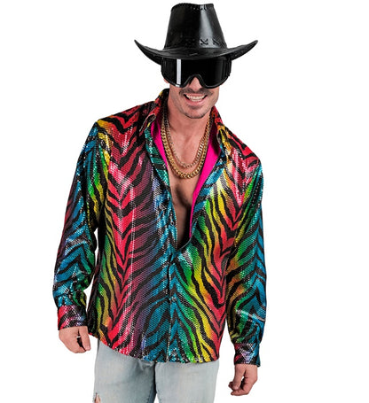 Widmann Party Fashion Shirt (Rainbow Animalier Tiger Sequin Shirt) (S/M) Rainbow