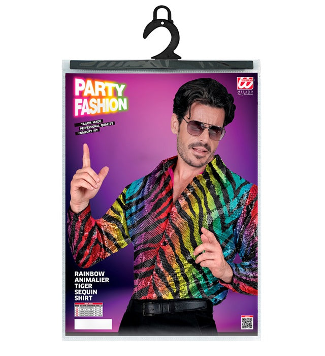 Widmann Party Fashion Shirt (Rainbow Animalier Tiger Sequin Shirt) (S/M) Rainbow