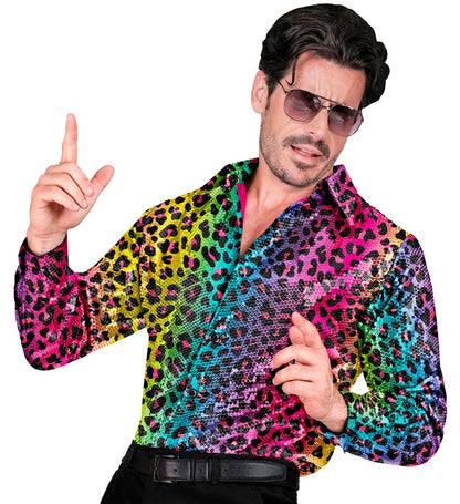 Widmann Party Fashion Shirt (Rainbow Animalier Leopard Sequin Shirt) (S/M) Rainbow