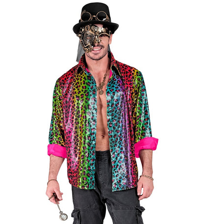 Widmann Party Fashion Shirt (Rainbow Animalier Leopard Sequin Shirt) (L/XL) Rainbow