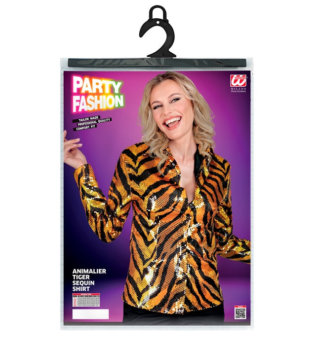 Widmann Party Fashion Shirt (Animalier Tiger Sequin Shirt) (S/M) Orange
