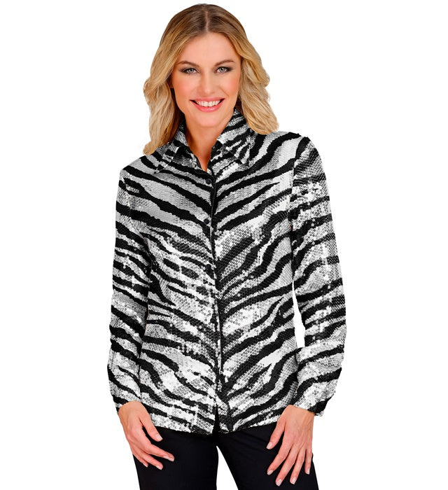 Widmann Party Fashion Shirt (Animalier Zebra Sequin Shirt) (S/M) Silver