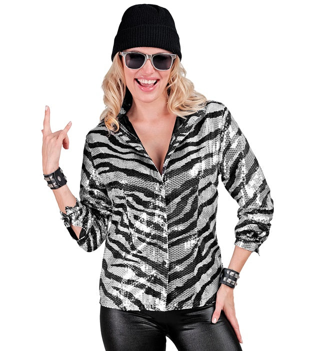 Widmann Party Fashion Shirt (Animalier Zebra Sequin Shirt) (S/M) Silver