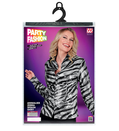 Widmann Party Fashion Shirt (Animalier Zebra Sequin Shirt) (S/M) Silver