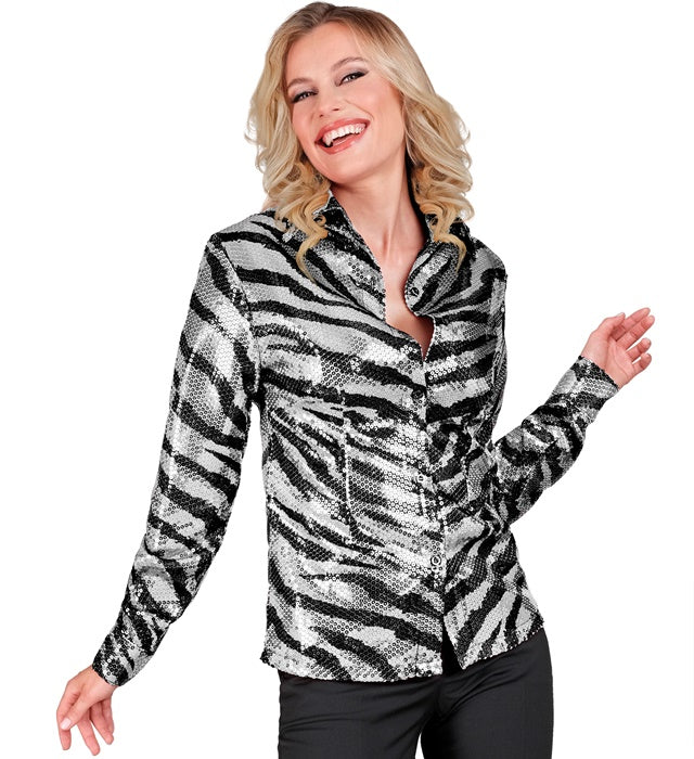 Widmann Party Fashion Shirt (Animalier Zebra Sequin Shirt) (L/XL) Silver