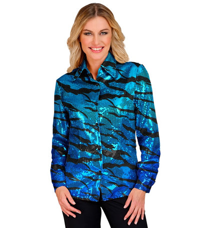Widmann Party Fashion Shirt (Blue Waves Sequin Shirt) (L/XL) Turquoise / Light Blue