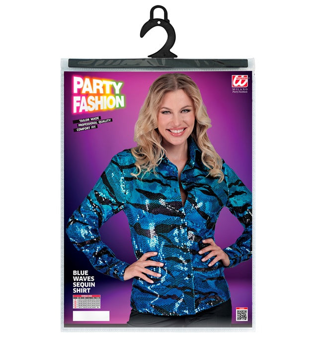 Widmann Party Fashion Shirt (Blue Waves Sequin Shirt) (L/XL) Turquoise / Light Blue