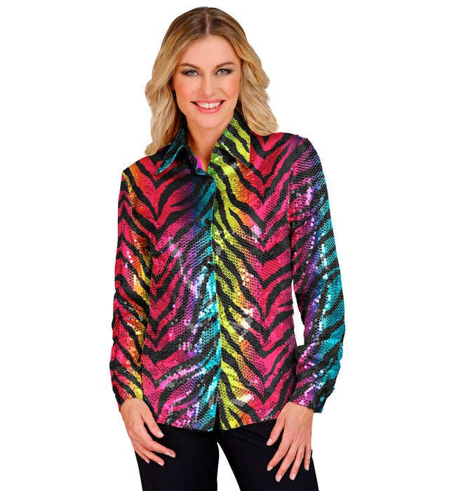 Widmann Party Fashion Shirt (Rainbow Animalier Tiger Sequin Shirt) (S/M) Rainbow