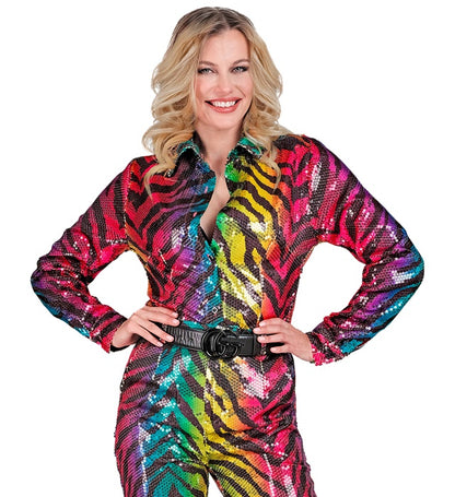 Widmann Party Fashion Shirt (Rainbow Animalier Tiger Sequin Shirt) (S/M) Rainbow