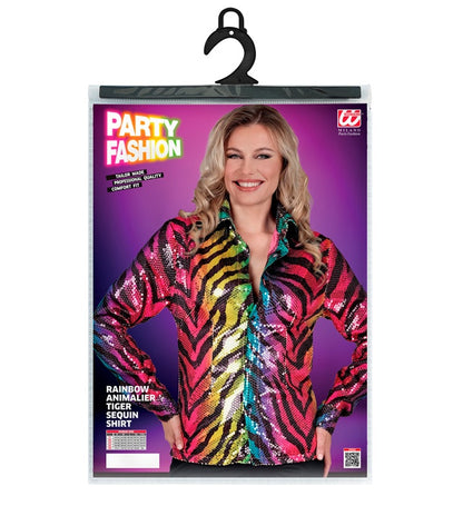 Widmann Party Fashion Shirt (Rainbow Animalier Tiger Sequin Shirt) (S/M) Rainbow