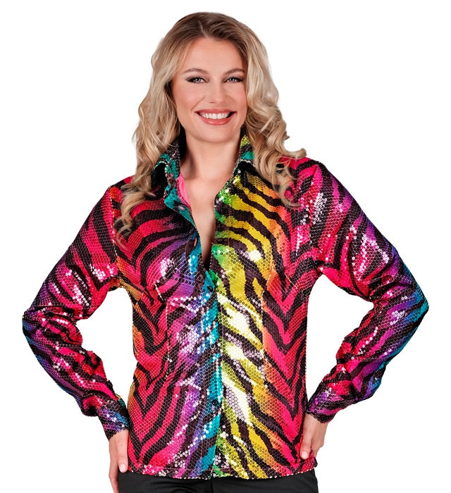 Widmann Party Fashion Shirt (Rainbow Animalier Tiger Sequin Shirt) (L/XL) Rainbow
