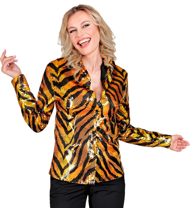 Widmann Party Fashion Shirt (Rainbow Animalier Tiger Sequin Shirt) (XXL) Rainbow