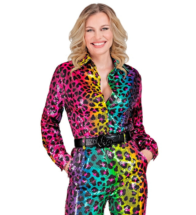 Widmann Party Fashion Shirt (Rainbow Animalier Leopard Sequin Shirt) (L/XL) Rainbow