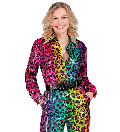 Widmann Party Fashion Shirt (Rainbow Animalier Leopard Sequin Shirt) (L/XL) Rainbow