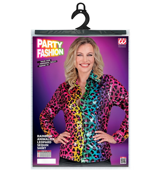 Widmann Party Fashion Shirt (Rainbow Animalier Leopard Sequin Shirt) (L/XL) Rainbow