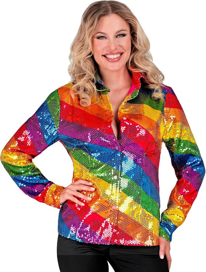 Widmann Women's Party Fashion Sequin Blouse for Women, Rainbow, Disco Fever, Schlagermove, Women's Shirt Blouse S-M Multicoloured