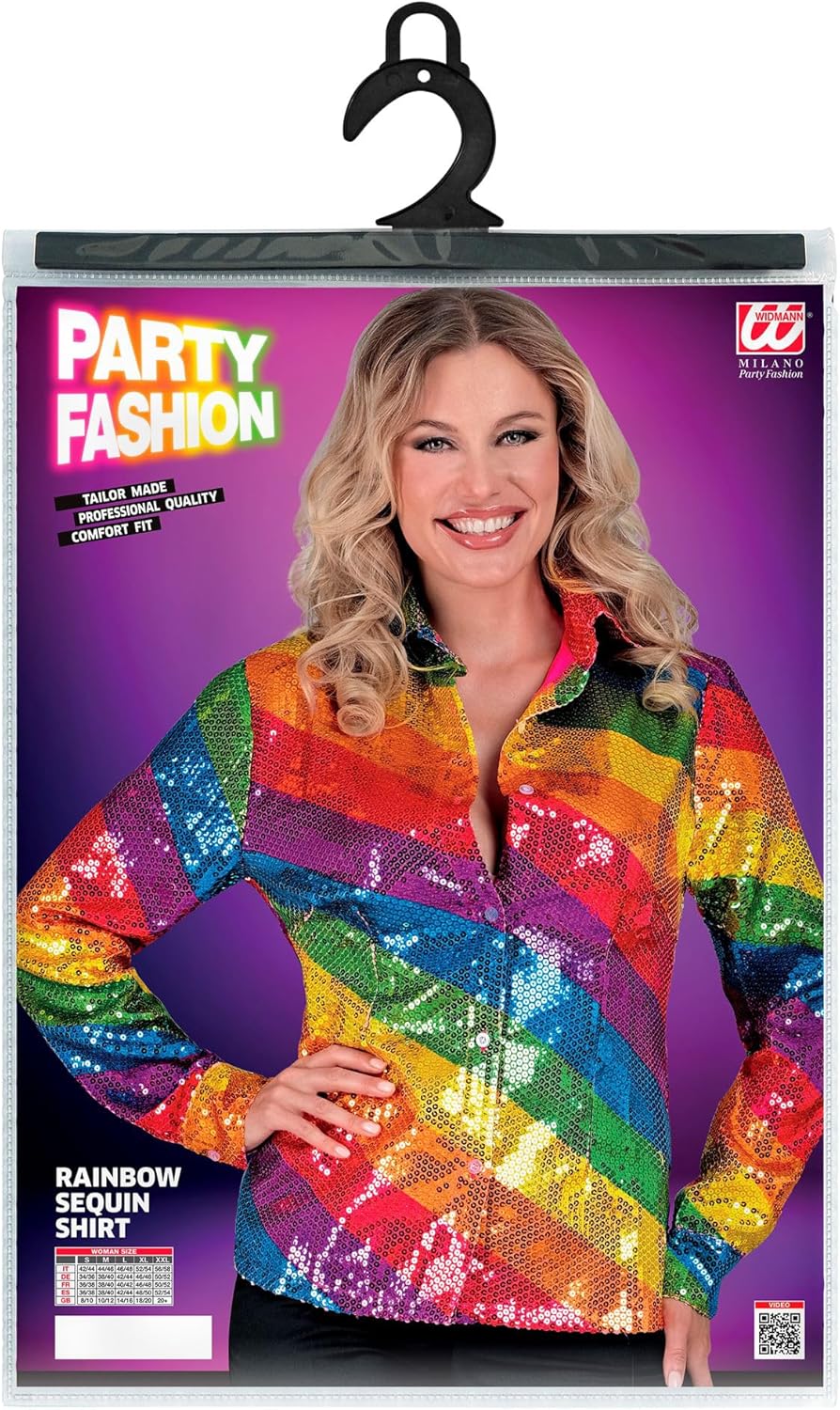 Widmann Women's Party Fashion Sequin Blouse for Women, Rainbow, Disco Fever, Schlagermove, Women's Shirt Blouse S-M Multicoloured