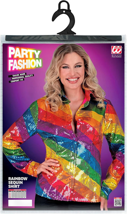 Widmann Women's Party Fashion Sequin Blouse for Women, Rainbow, Disco Fever, Schlagermove, Women's Shirt Blouse S-M Multicoloured