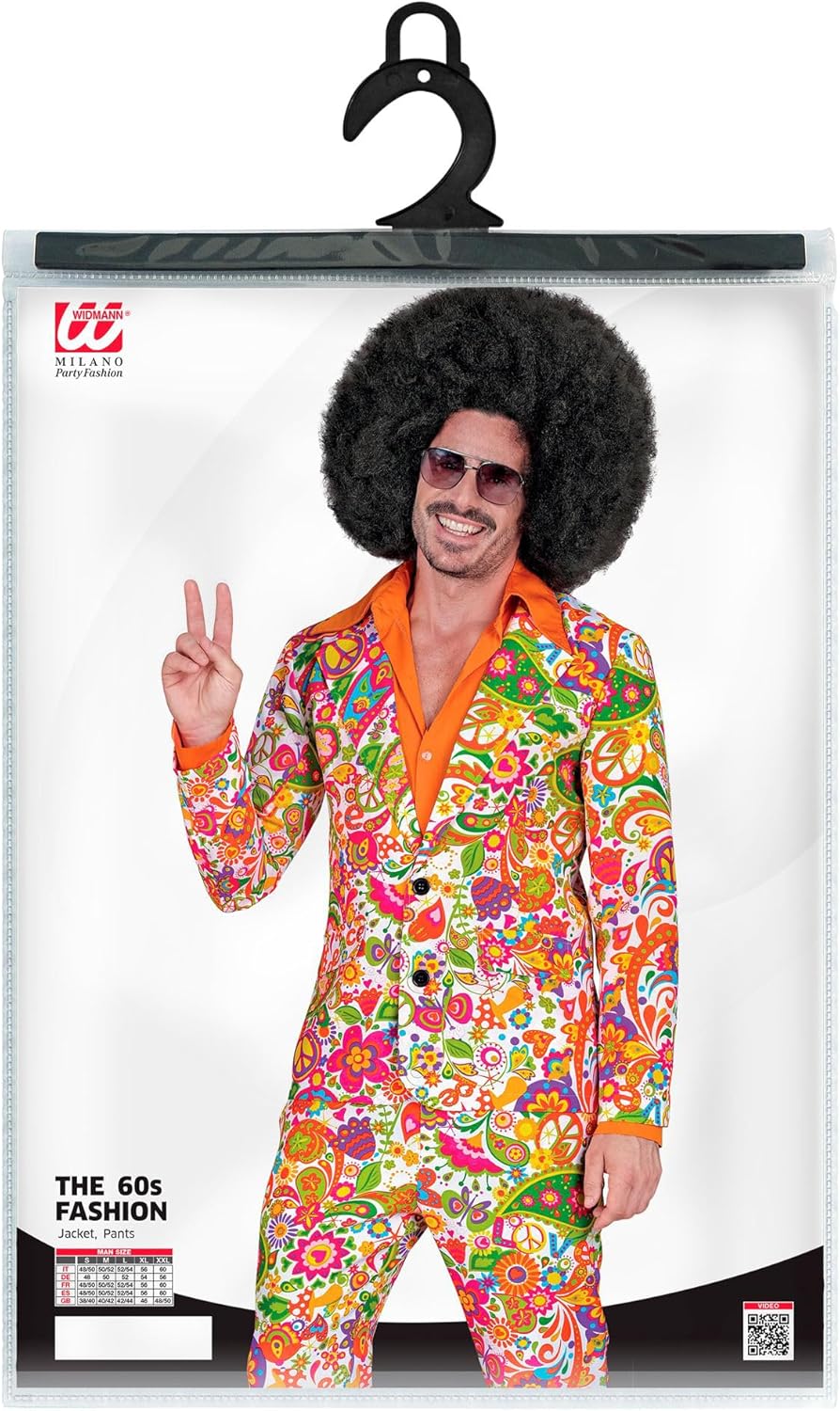 Widmann - Costume 60s suit, jacket and trousers, hippie, reggae, flower power, disco fever, hit move Peace & Paisley L