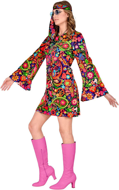 Widmann - Hippie Costume, Flower Dress and Headband, Flower Power, 70s, Theme Party, Carnival XS