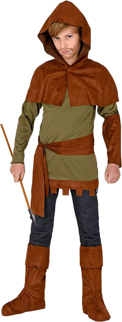 Widmann - Kinderkostüm Robin of Sherwood, Oberteil, Armschoner, Schulterumhang mit Kapuze, Gürtel, Stiefelüberzieher, Mittelalter, Karneval, Mottoparty 116