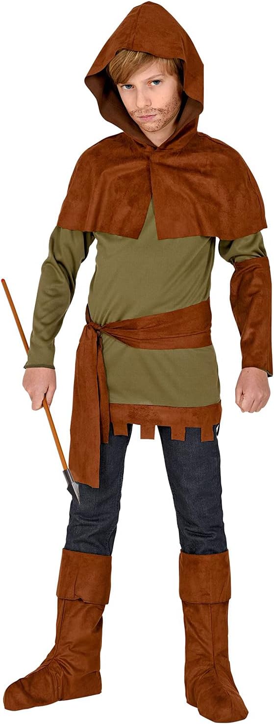 Widmann - Kinderkostüm Robin of Sherwood, Oberteil, Armschoner, Schulterumhang mit Kapuze, Gürtel, Stiefelüberzieher, Mittelalter, Karneval, Mottoparty 158