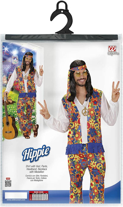 Widmann - Hippie Man Costume, Shirt with Vest, Trousers, Headscarf, Chain with Locket, Carnival, Theme Party XL Single