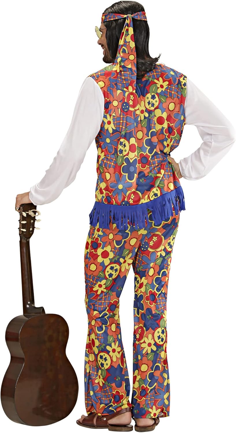 Widmann - Hippie Man Costume, Shirt with Vest, Trousers, Headscarf, Chain with Locket, Carnival, Theme Party XL Single