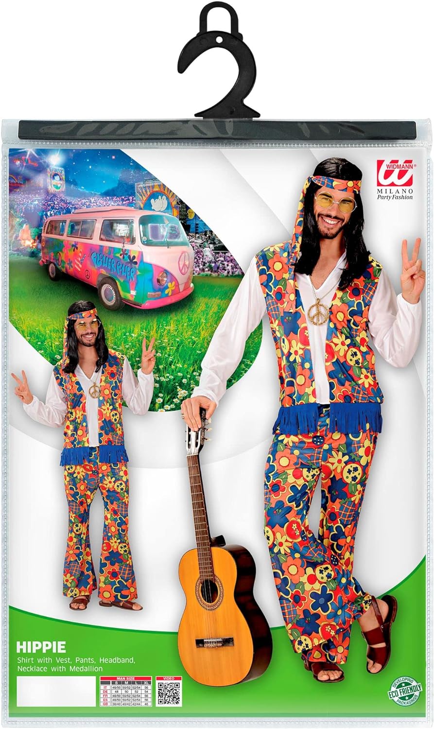 Widmann - Hippie Man Costume, Shirt with Vest, Trousers, Headscarf, Chain with Locket, Carnival, Theme Party S Single