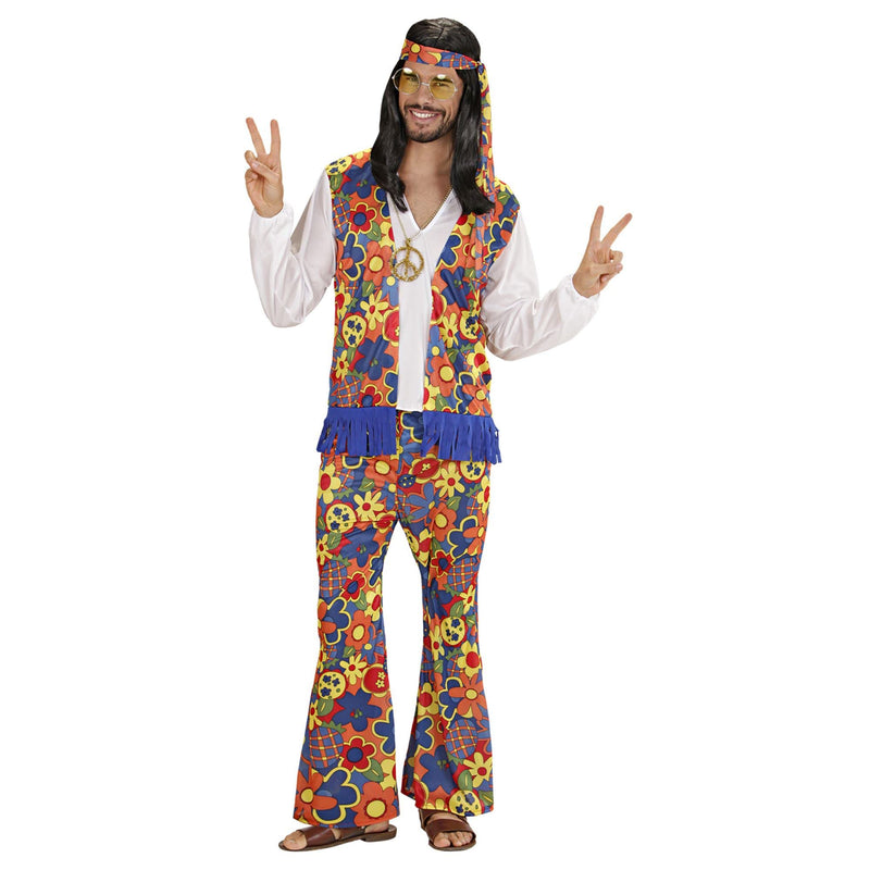 Widmann - Hippie Man Costume, Shirt with Vest, Trousers, Headscarf, Chain with Locket, Carnival, Theme Party M Single