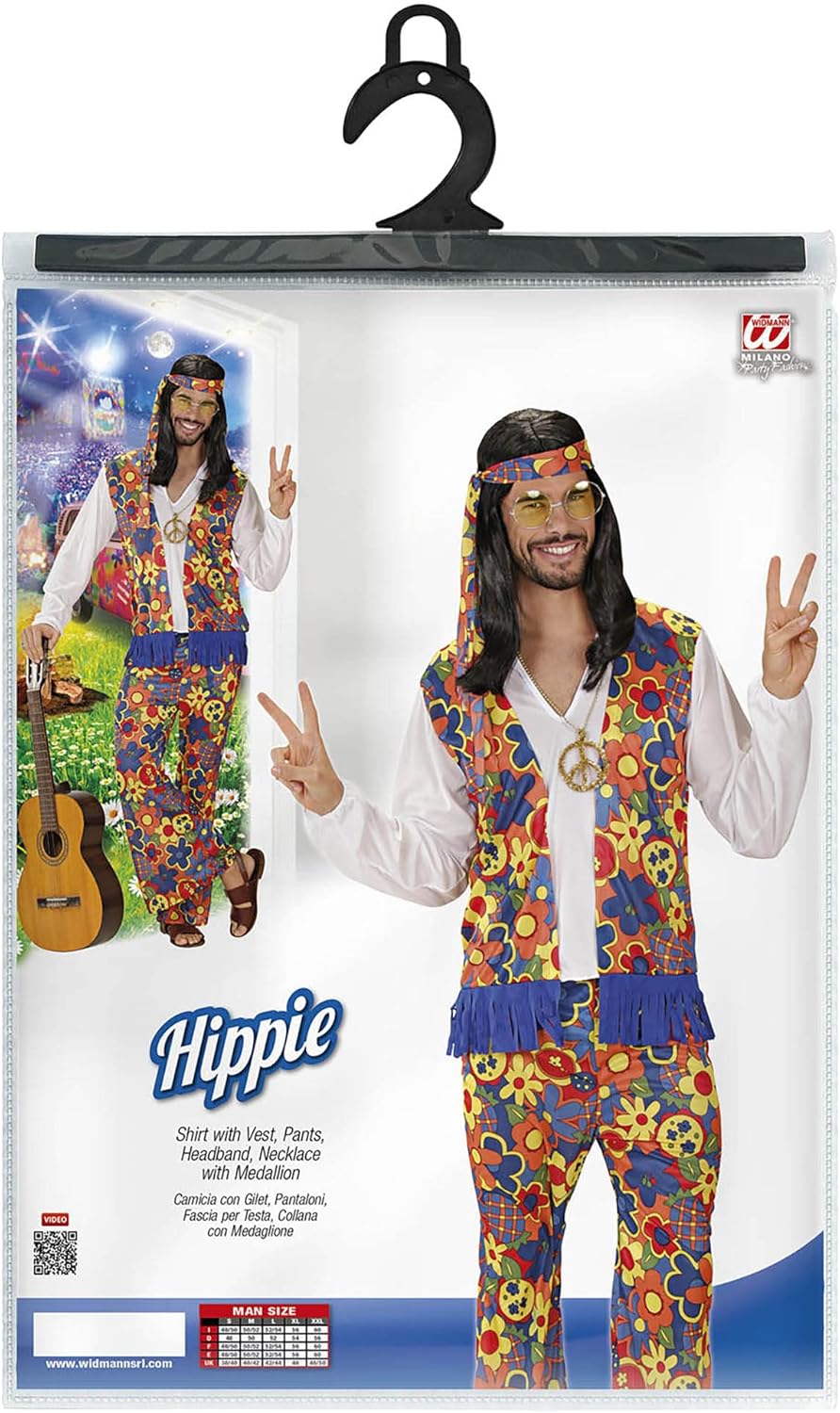Widmann - Hippie Man Costume, Shirt with Vest, Trousers, Headscarf, Chain with Locket, Carnival, Theme Party M Single