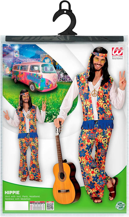 Widmann - Hippie Man Costume, Shirt with Vest, Trousers, Headscarf, Chain with Locket, Carnival, Theme Party M Single