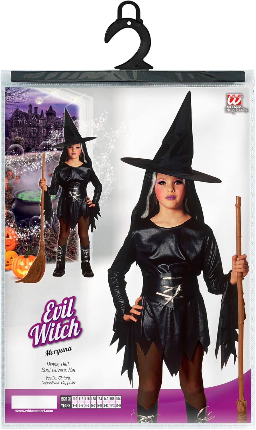 Widmann - Kinderkostüm Hexe, Kleid, Gürtel, Überstiefel, Hut, Zauberin, Fasching, Karneval, Mottoparty, Halloween 158 cm / 11-13 Years