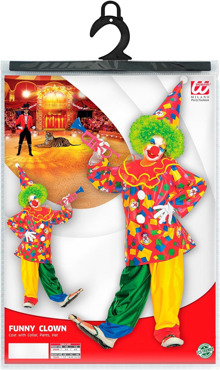 Widmann - Children's funny clown, coat with collar, trousers and hat, fun-maker, circus clown, carnival, theme party 116
